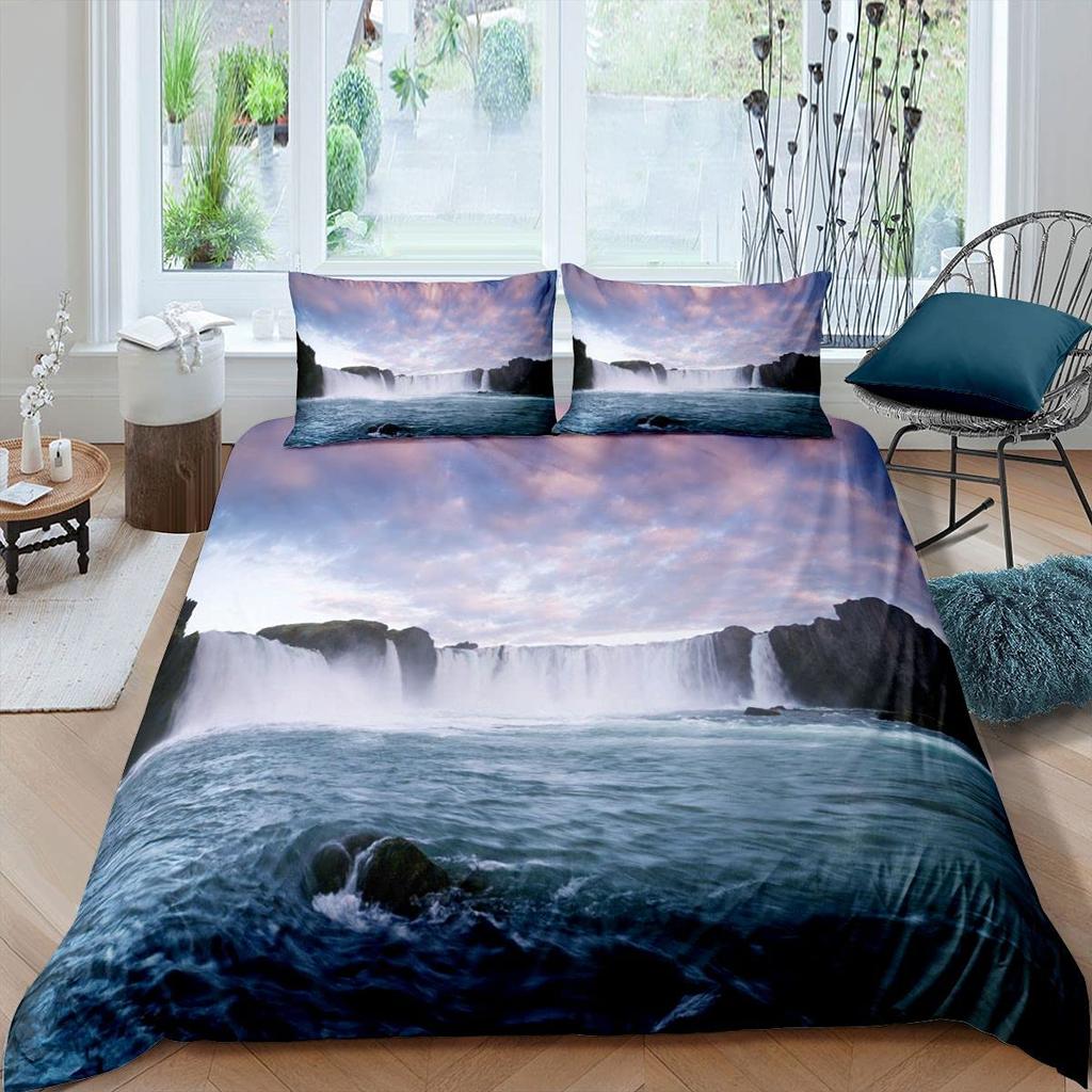 Nature River Bedding Set Starry Sky Duvet Cover Set Mountain River Forest Moon Printed Design Natural Landscape Comforter Cover