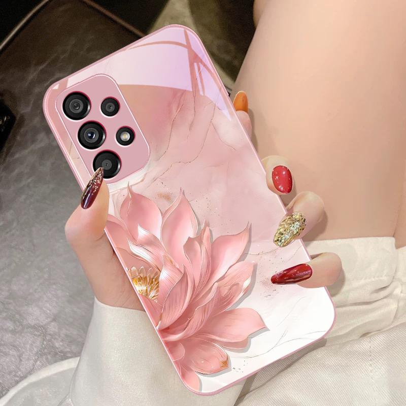 Side Lotus White For Samsung Galaxy S10 4G S20 11E 30 S21 21Fe 22 S24 Pro S23 Ultra 5G S8 S9 Tempered Glass Phone Case