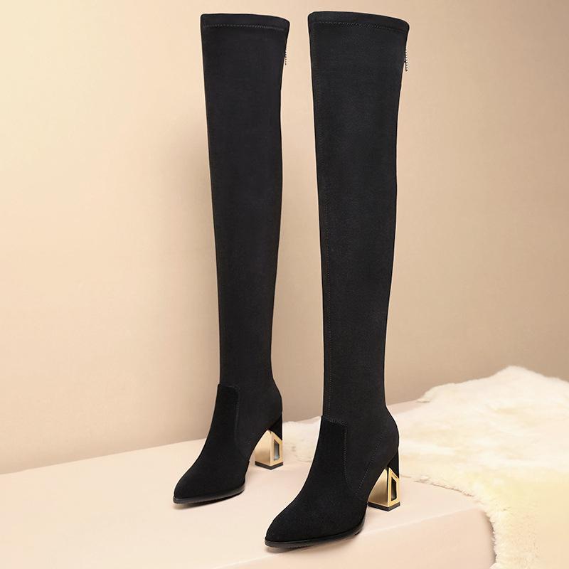 Fashion Stretch Boots Winter Black Velvet Pointed Toe Suede Women Shoes Metal Square Heel Rear Zipper Over The Knee Long Boots