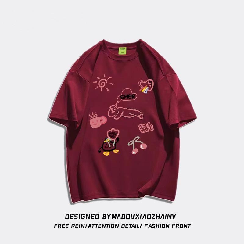 Women's Loose-Fit Cartoon Print Pure Cotton T-Shirt, Chic Hong Kong Style, Trendy American Brand, Plus Size Available