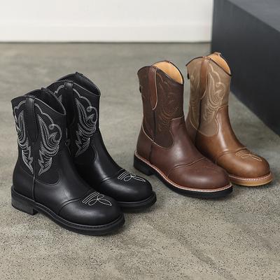 Women Round Toe Mid Heels Autumn Winter Ankle Boots Ladies Shoes  New Patchwork Leather Western Mid Calf Boots