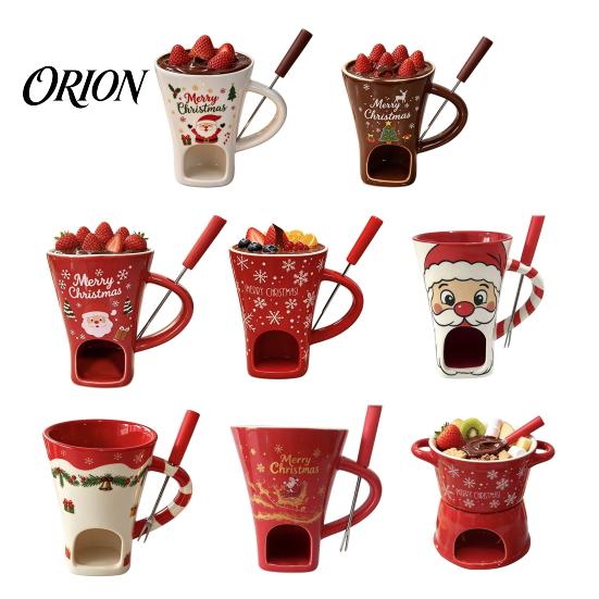 Winter Party Dessert Serving Dish Christmas Chocolate Fondue Mug with Tea Light Warmer & Forks, 155ml Ceramic Melting Gift for Lovers Pot Cheese