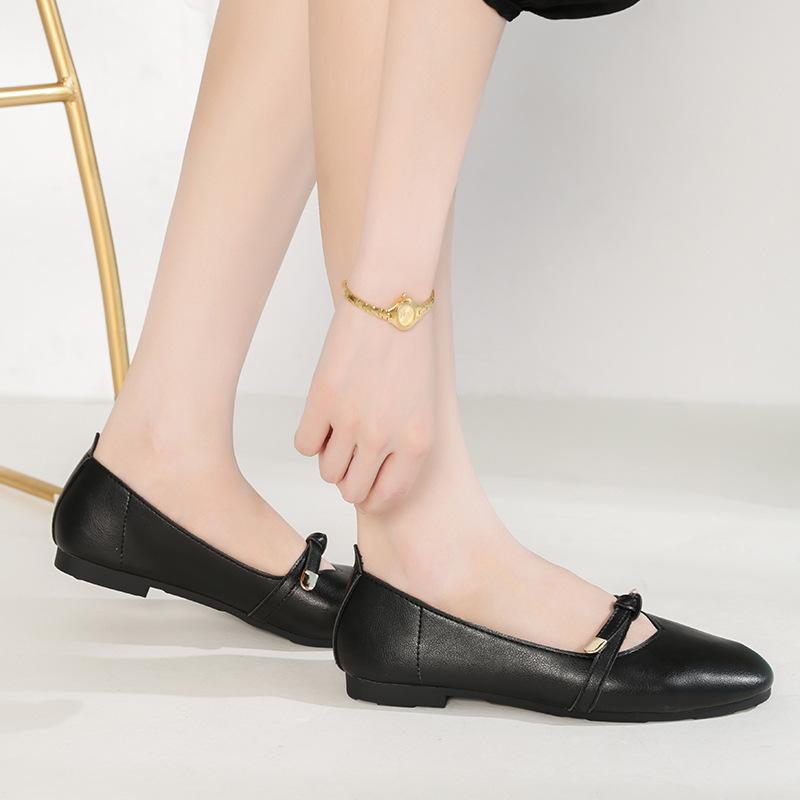 Fashion Genuine Leather Flats Shoes Woman Retro Grandma Loafers Bowtie Belt Moccasins Girl Mart Airpot Flats Lady Cowhide Mary Jean Shoe