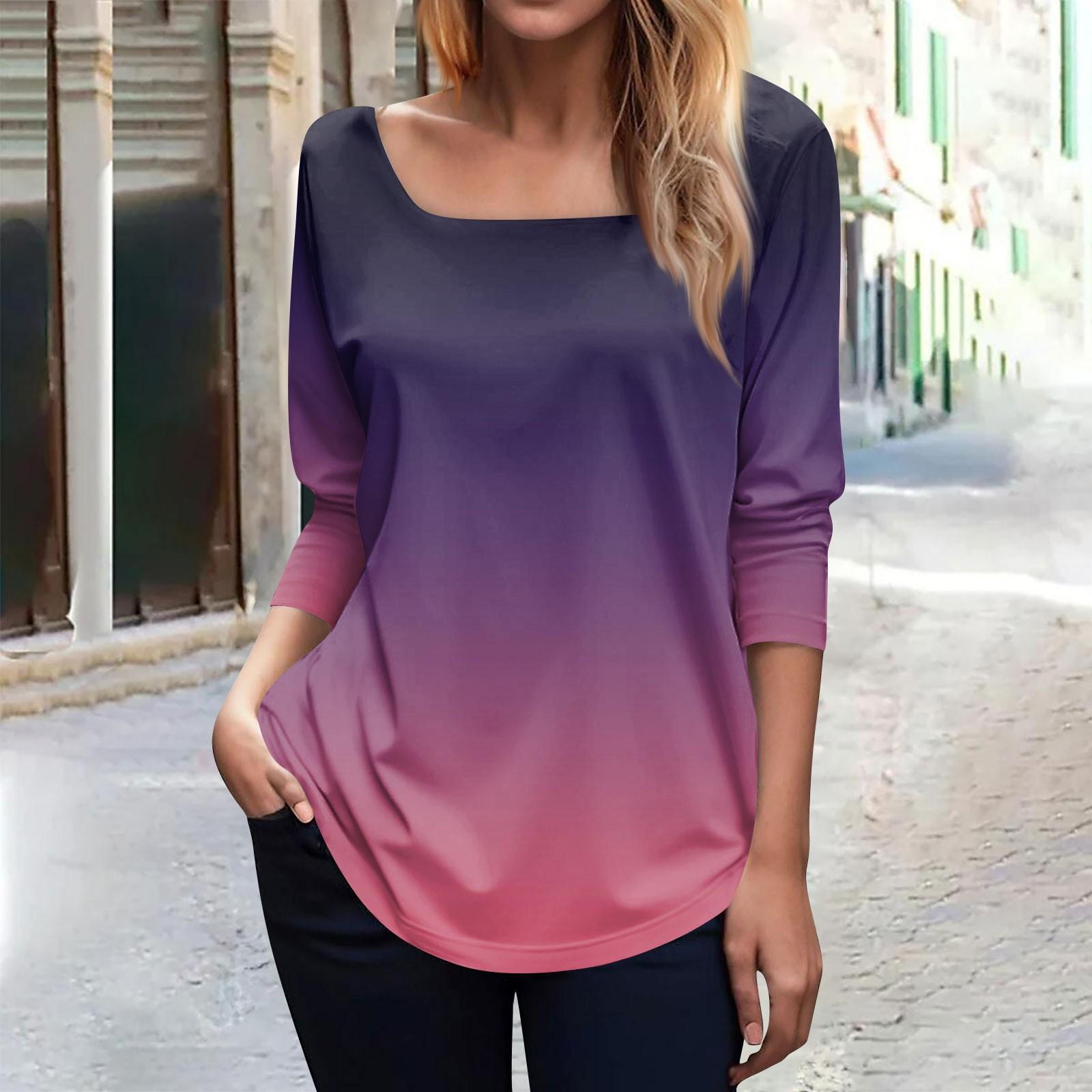 

Женская модная футболка с квадратным вырезом и длинным рукавом с градиентным принтом, топ XXL темно-фиолетового