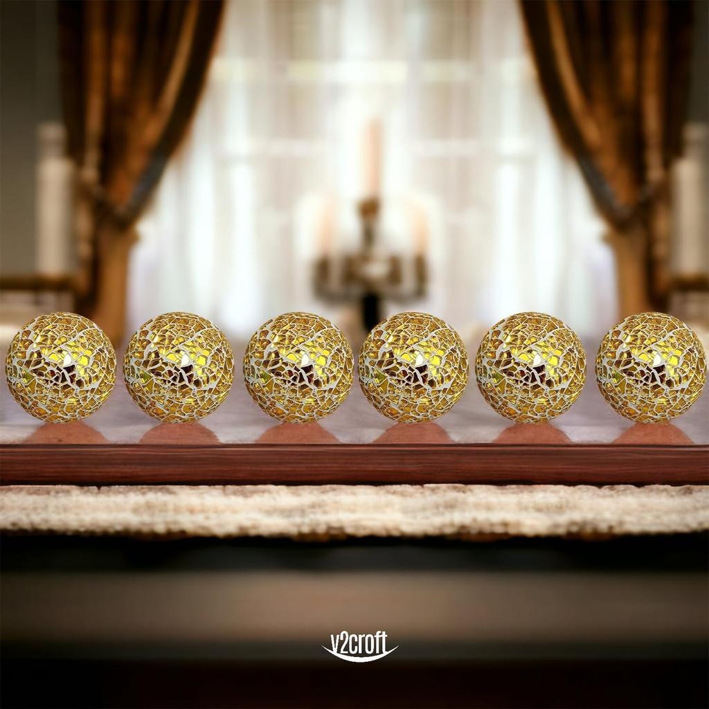 2.4 in Decorative Orbs Glass Balls Set of 6,Mosaic Sphere Globe for Whole Housewares,Wedding/Birthday,Bowls,Vases Dining Table Centerpieces (Gold)