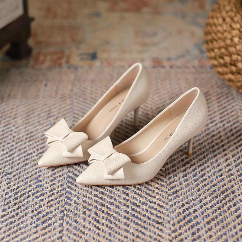 Korean Style Temperament High Heels  Spring New Fashion Pointed Stiletto Shoes Shallow Mouth Bowknot Shoes