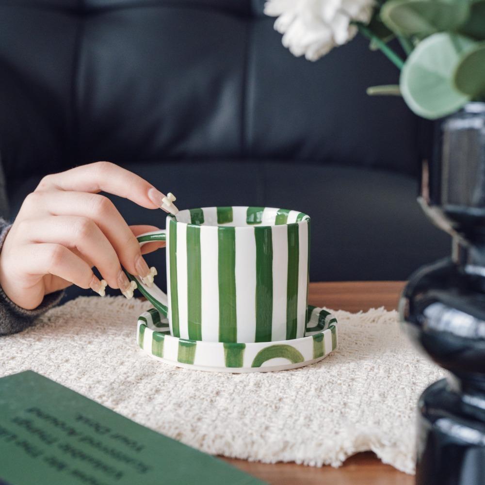 Vintage Drink Cup Hand-drawn Milk Mug Creative Striped Coffee Cup Saucer Set Afternoon Tea