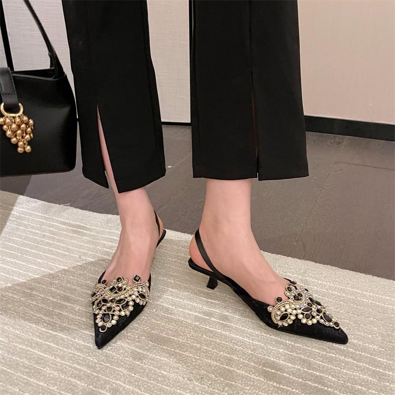 

High heels women s thin heels pointed rhinestones single shoes bag head outer slippers sandals 39 рожевий