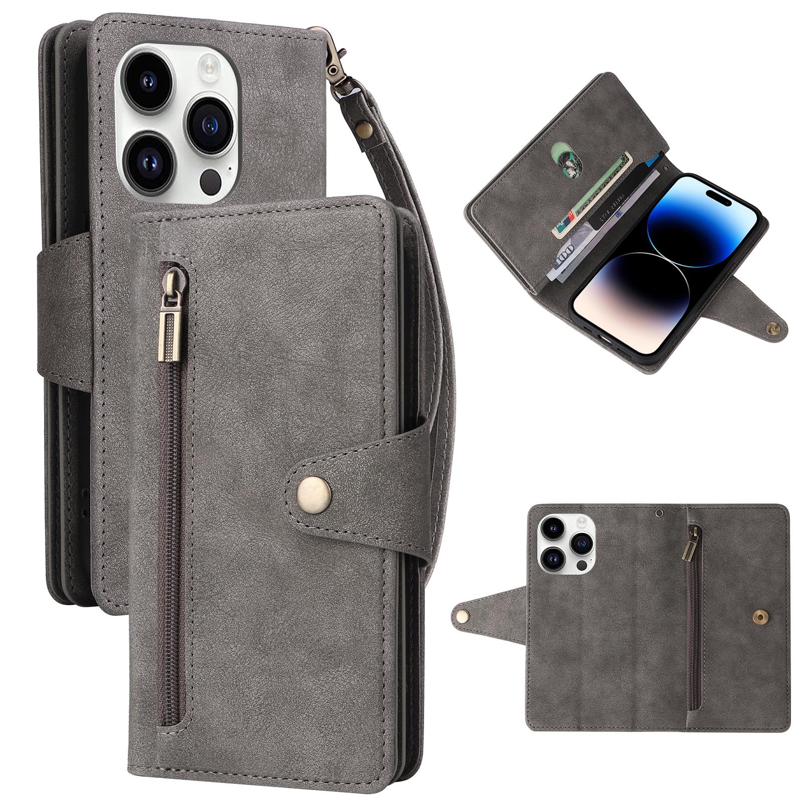 

Кожаный чехол-кошелек на молнии с держателем для нескольких карт для Samsung S24 S23 S22 S21 S20 Ultra Plus A05 A14 A54 iPhone 15 14 Plus 13 12 11 Pro Max XSMax Samsung A50/A50S/A30S серый