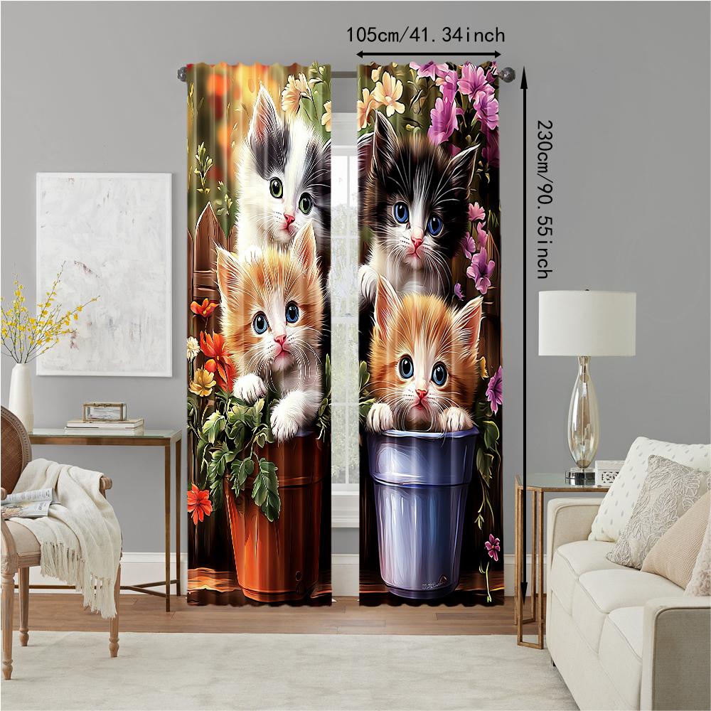 2Pcs Kitten Flower Window Curtains For Bedroom And Living Room Rod Pocket Polyester Material Drapes For Office Study Home Decor
