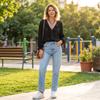 Top casual da donna a vestibilità larga, a maniche lunghe, con scollo a V, orlo arricciato e bordatura a festoni