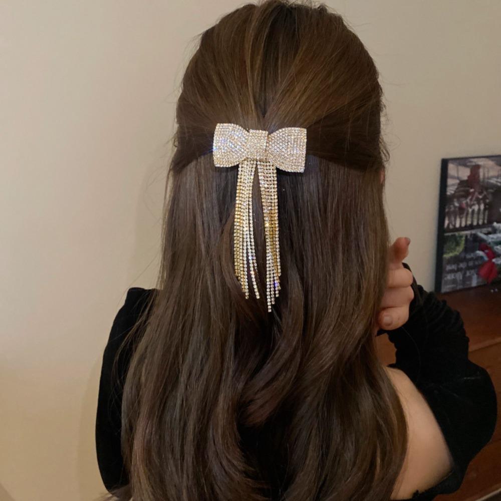 Rhinestone Bow Fringe Hairpin Temperament Bow Hair Clip New Spring Hair Clip  Women