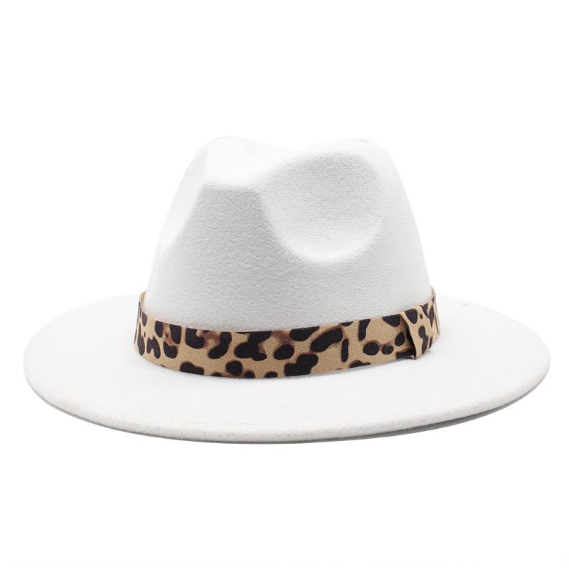 Woolen Top Hat Leopard Print Solid Color Hat Women'S Flat-Brimmed Big-Brimmed Jazz Hat 22 Colors