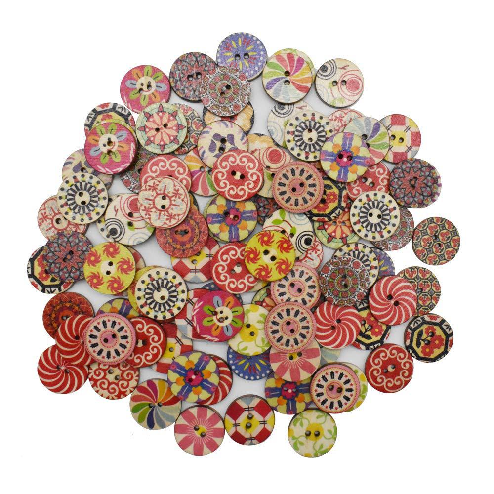Retro Wooden Buttons for DIY & Toddler Crafts, Double Hole, 100 Pack, Colorful Print