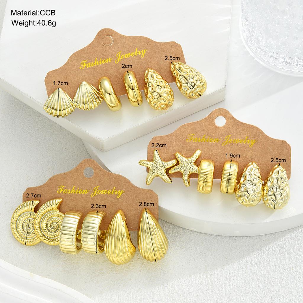 9 Pairs Gold Color Ocean Beach Earring Set For Women Starfish Shell Conch Seashell Chunky Textured Stud Earrings Summer Jewelry