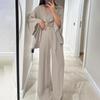 Two Piece Outfits For Women V Neck Button Down Shirt Top And Wide Leg Pants Set Loose Sweatsuits