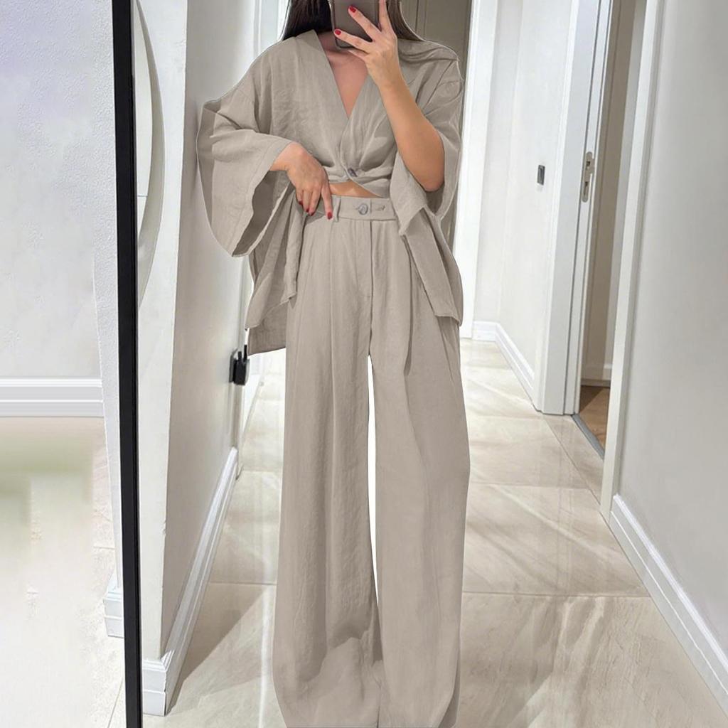 Two Piece Outfits For Women V Neck Button Down Shirt Top And Wide Leg Pants Set Loose Sweatsuits