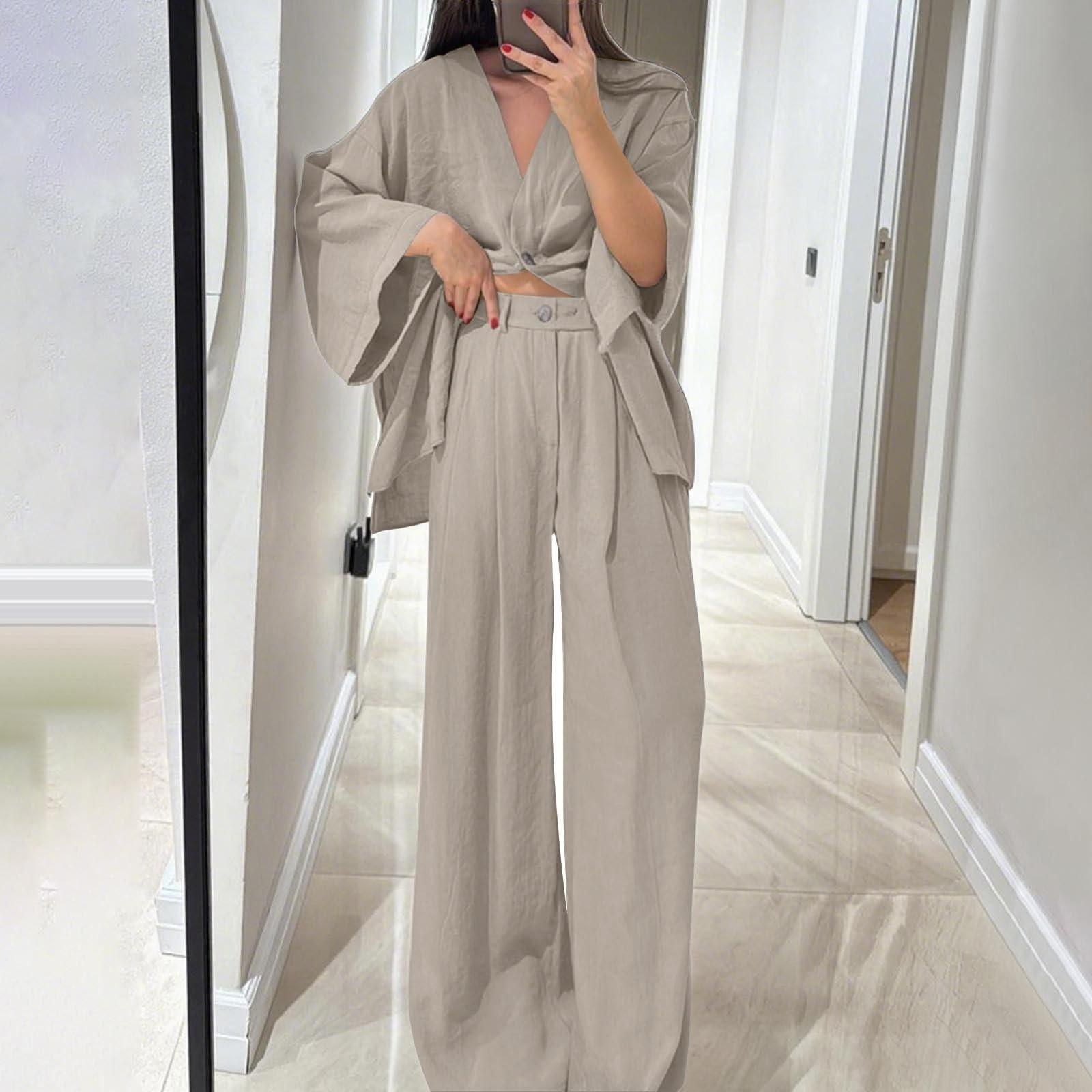 

Комплекты из двух предметов для женщин: топ-рубашка с V-образным вырезом на пуговицах и брюки с широкими штанинами, свободные спортивные костюмы XL хаки