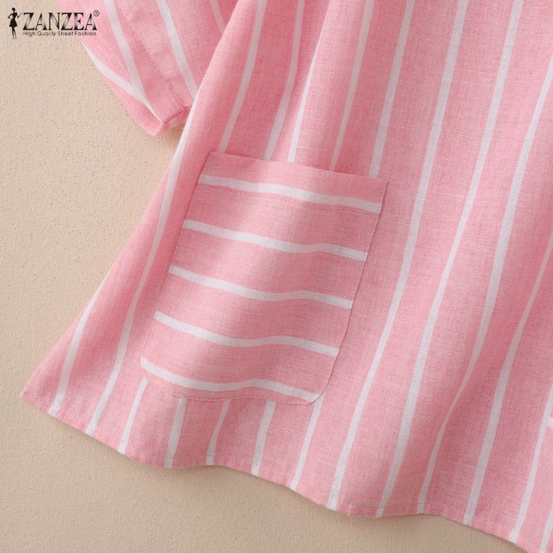 ZANZEA Women Casual Round Neck Loose Half Sleeve Stripe Blouse