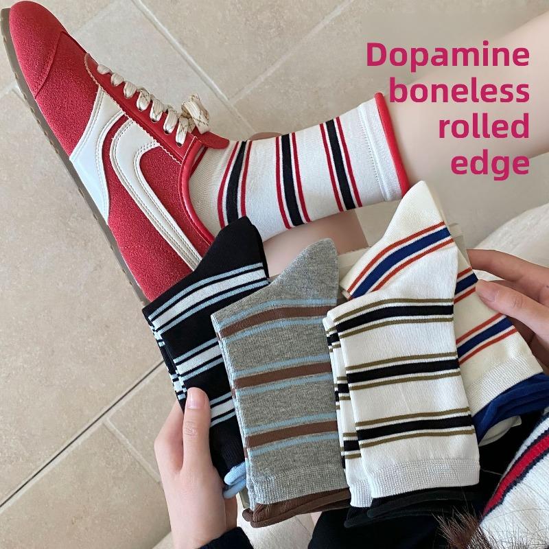 Women's Autumn and Winter Dopamine Striped Mid-calf Socks with Rolled-up and Loose Cuffs, Versatile Pile Socks