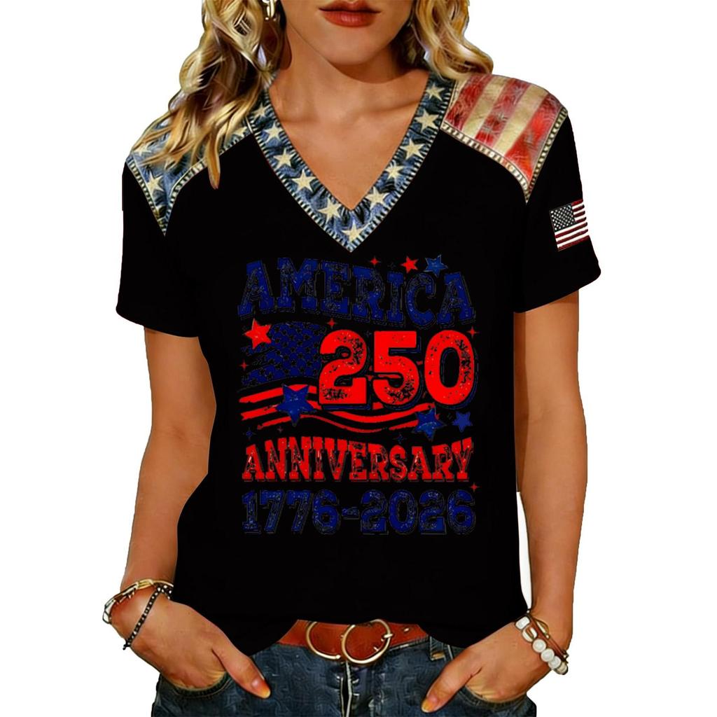 Women's Casual V Neck Short Sleeve Pullover T Shirt Top American Flag Print 250th Anniversary Graphic Tee Lightweight Comfortable