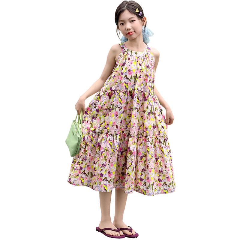 Girls' Floral Halter Summer Dress: Korean-Style Sweet Princess Attire for Middle and Older Children