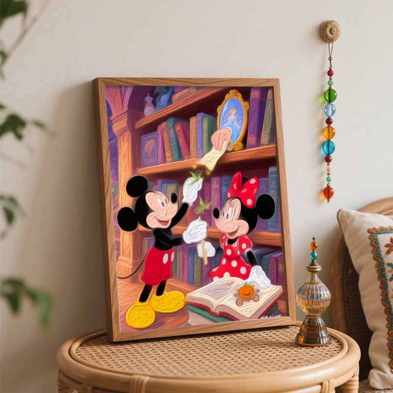 Disney Mickey Minnie Fairy Library Oil Painting Handcolored Painting Living Room Decoration Hanging Painting Wall Painting