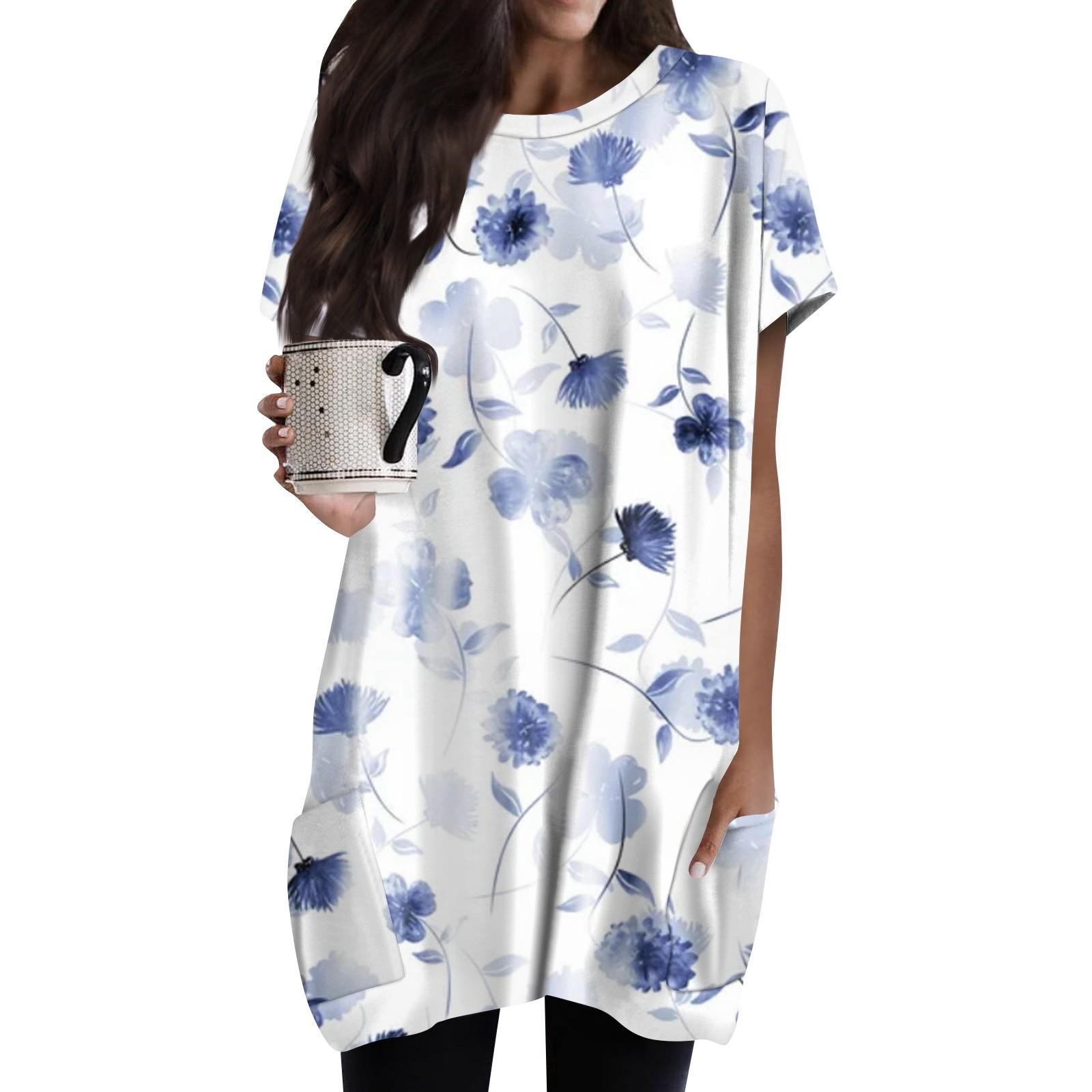 

Жіноча довга футболка міді з вінтажним квітковим принтом і кишенею з круглим вирізом і короткими рукавами M