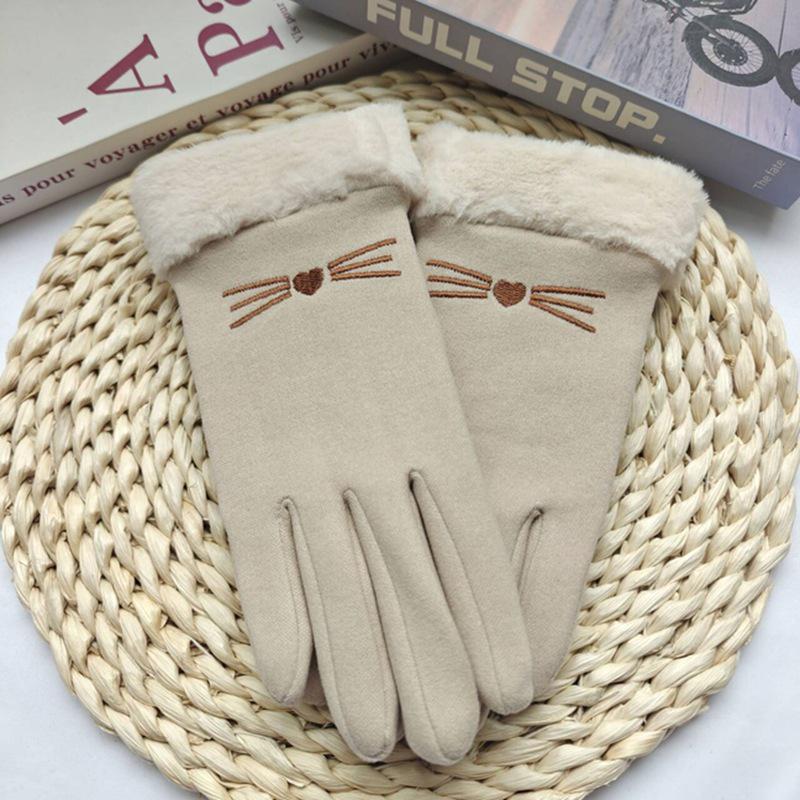 

Women s Fleece-Lined Cute Kitten Touchscreen Winter Gloves - Windproof & Warm for Cycling One Size бежевий