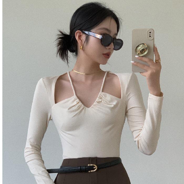 Chic Autumn Hollow-Out Slim-Fit Long-Sleeve Crop Top for Women Extra Large белый
