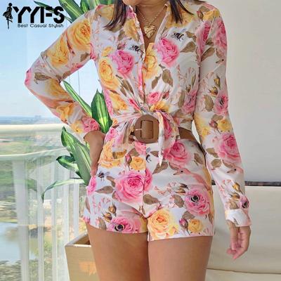 Women's Fashion Casual Spring Fall Flower Pattern Print Long Sleeve POLO Neck Blouses & Shirts Trousers Pants Suits