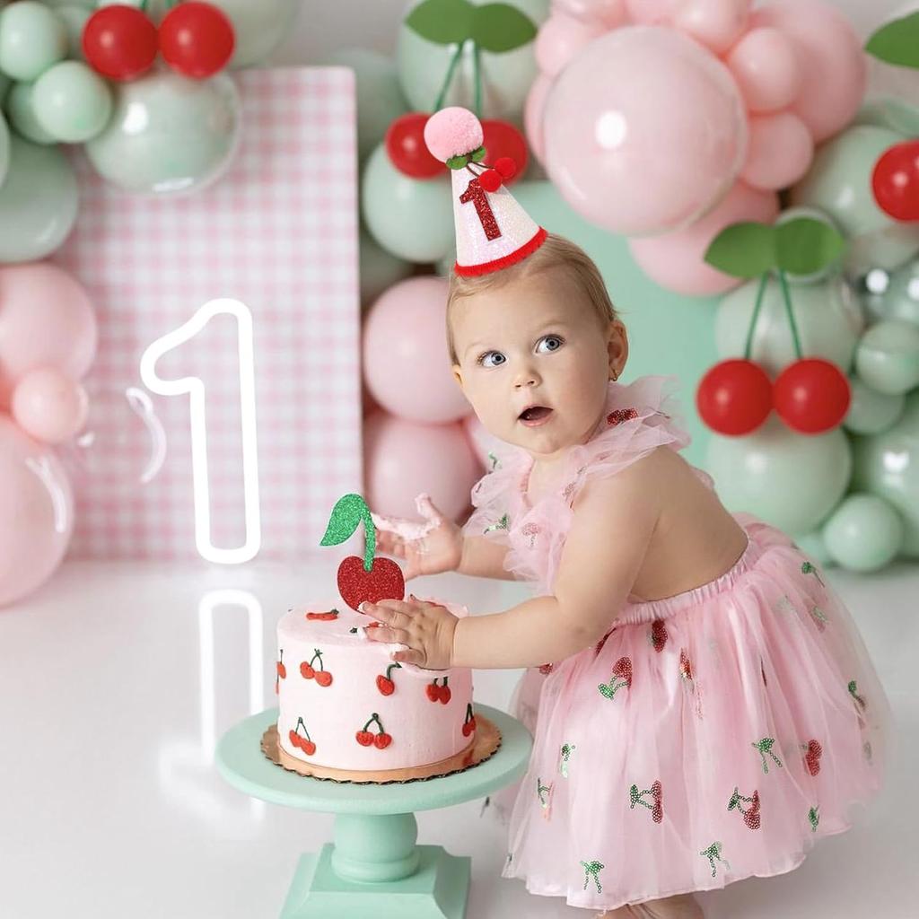 Cherry 1st Birthday Hat - Sweet One Birthday Party Decorations,Cherry Pink Glitter First Birthday Hat For Girls,Fruit Themed Cake Smash Party