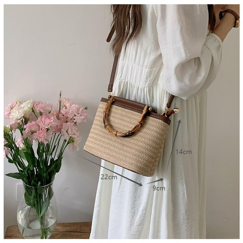 Damen Umhängetaschen aus Strohgewebe, Retro-Schultertaschen, Sommer-Strandtaschen für den Urlaub am Meer, lässige Handtaschen mit Bambusgriff