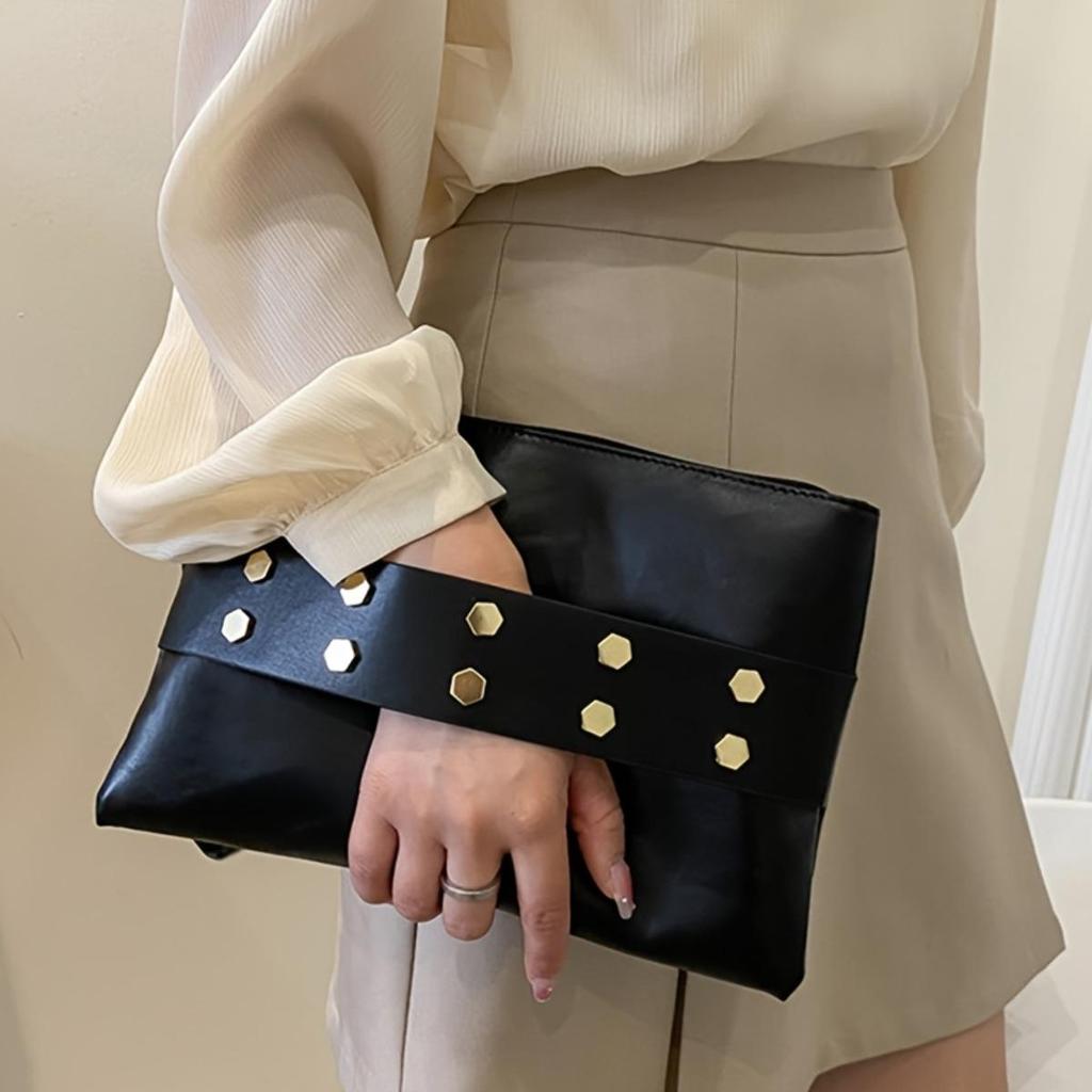 1 st Damkuvertväska, Enfärgad Kuvertväska med Nitinlägg, Dragkedjestängning, Fodrad Lämplig för Arbete, Pendling, Dejt, Fest