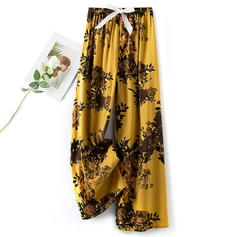 Pantaloni de pijama din bumbac mătase pentru femei, secțiune subțire de vară, anti-țânțari, pantaloni cu picior lat, culoare uni, pentru exterior, casă, petrecere a timpului liber, imprimeu, pantaloni de plajă până la genunchi