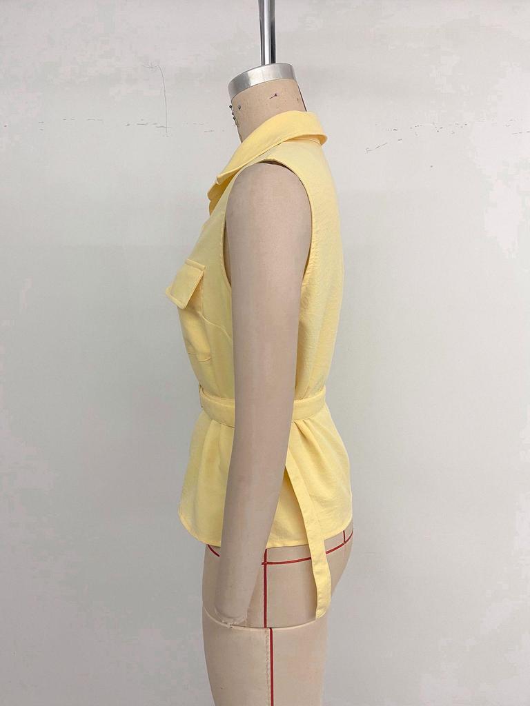 2025 Summer Yellow Sleeveless Waist-Cinching Open-Front Shirt with Collar (European/American Style)