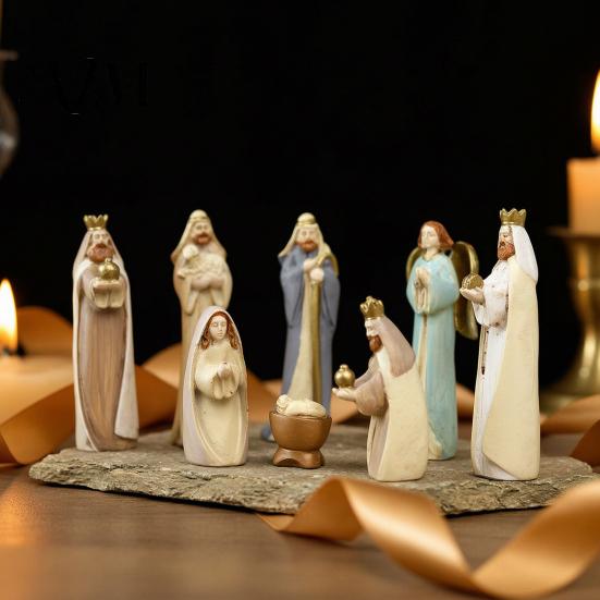 Religious Christmas Table Decor 8 Pcs Resin Nativity Figurines Set, Christian Scene Figures, Gift for Church Tabletop Miniature Statues Holiday