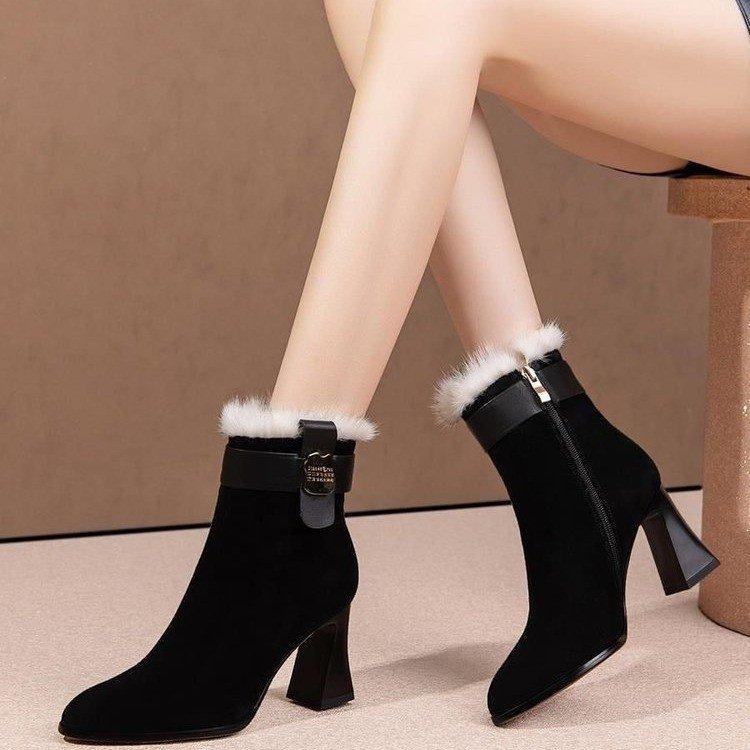 Pointed thick heel short boots women's winter matte short tube thickened high heel Martin boots warm hairy boots women's boots