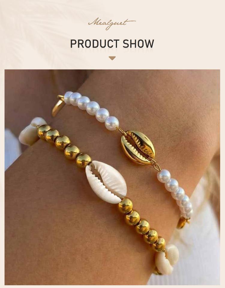 Bohemian Metal Shell Pearl Bracelet for Women Waterproof Stainless Steel Bead Bracelet Summer Beach Vacation Wrist Jewelry 2026