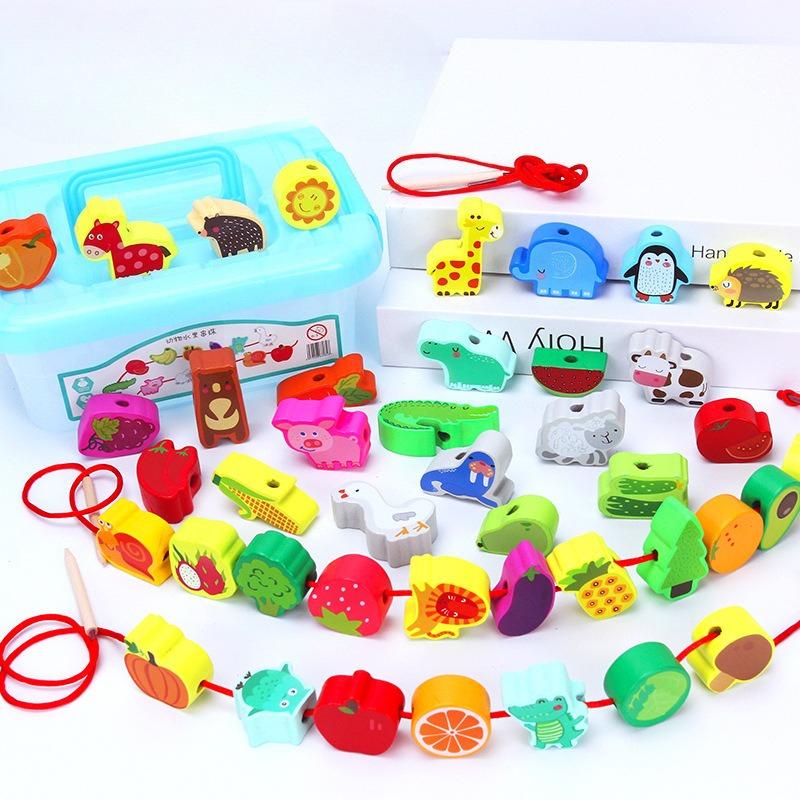 

Children s wooden educational beaded toys animal fruit large particles through rope beaded threading wooden toys