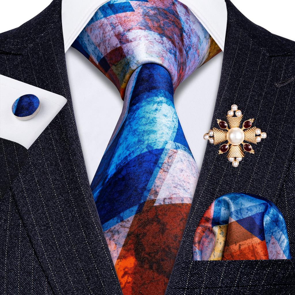 Pearl Brooch with Silk Tie for Men Vintage Floral Teal Necktie Hanky Cufflinks Gift Formal Set