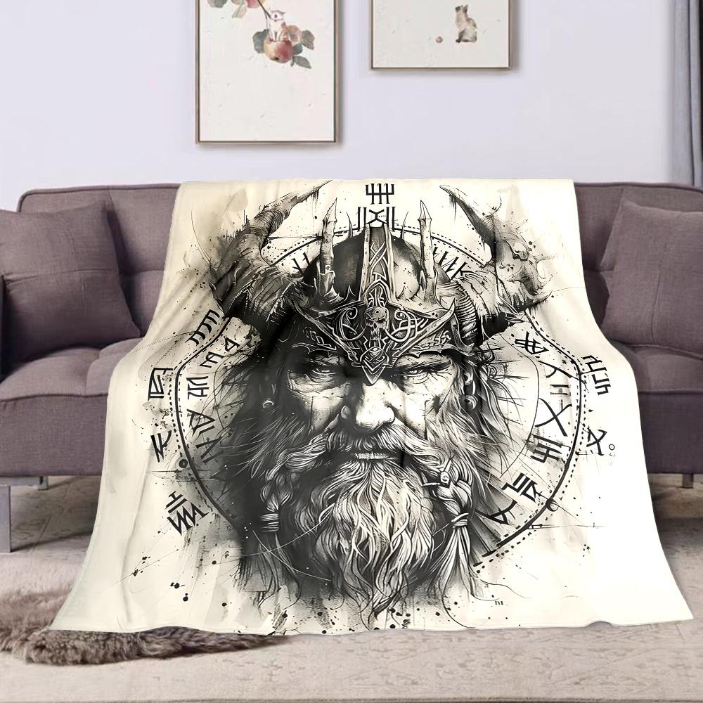 Viking Warrior with Nordic Runes Patterned Flannel Blanket Perfect for the Bedroom Living Room, Sofa, or a Little Nap