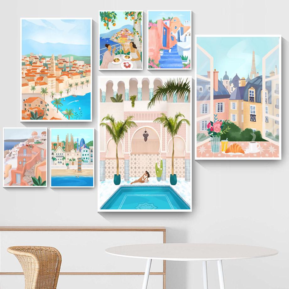 Šiaurės šalių Egėjo jūra Marokas Drobė Tapyba Mergina Kelionė Peizažas Sienos Menas Mėlynas vandenynas Plakatas Svetainė Namų apdaila Cuadros