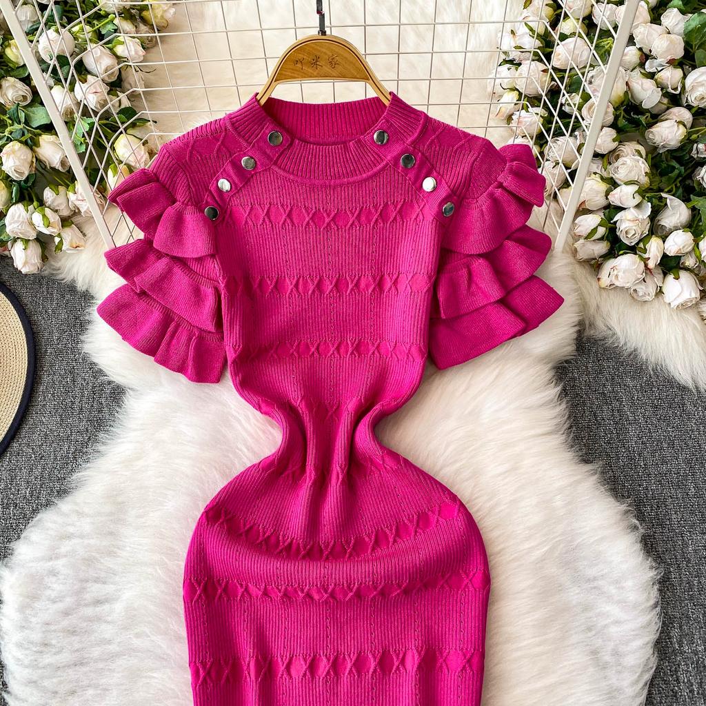 Summer Women Elegant Ruffle Metal Button Office Work Knitted Sheath Sweater Mini Dresses