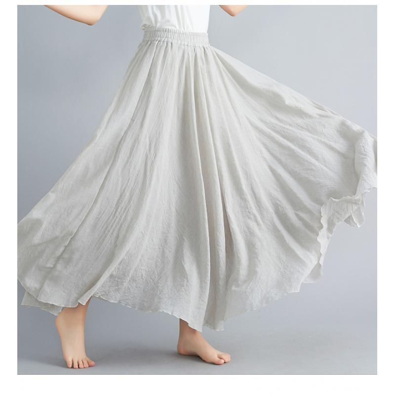 Mori Girl Plus Size Cotton Linen Midi Skirt - Elastic Waist, A-line, Solid Color, Ethnic Style, Long Length