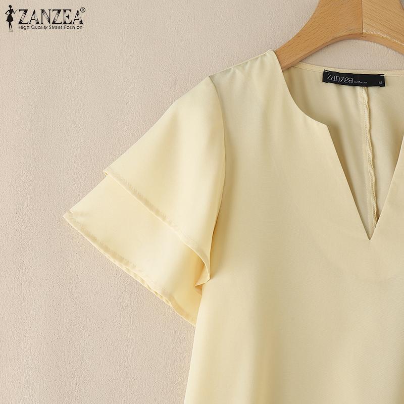 ZANZEA Bluză de vară casual pentru femei cu gât în V, volane și mâneci scurte