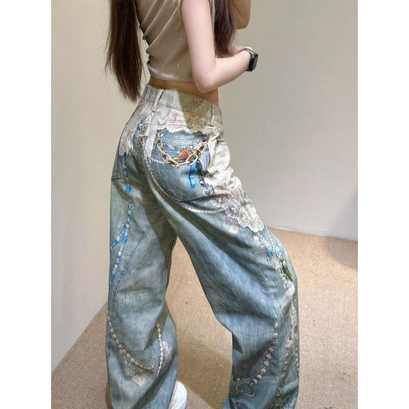 Jeans Casual Strappati con Orlo in Pizzo 3D e Stampa a Catena di Perle