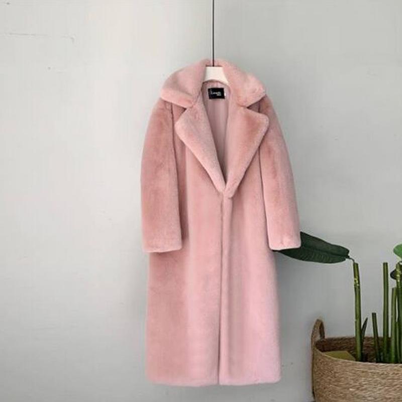 Ropa de Invierno Mujer Largo Grueso Cálido Suave Colorido Esponjoso Talla Grande Abrigo de Piel Sintética de Conejo Rex Mujer Solapa