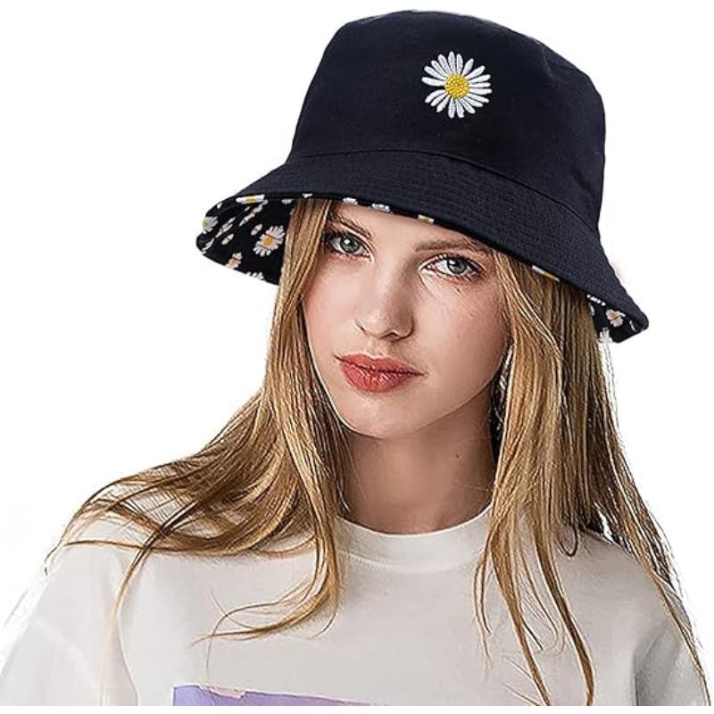 Double-sided Fisherman Hat Sun Protection Cap Cotton Outdoor Sun Hats Daisy Flower Print Student Pot Hat