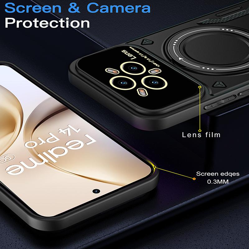 Pro Realme 14 Nárazníky vojenské třídy Kryt s kroužkem Pro Realme 14 Pro Magnetický stojánek Ochrana fotoaparátu Pancéřové pouzdro Realme 14 Pro Plus